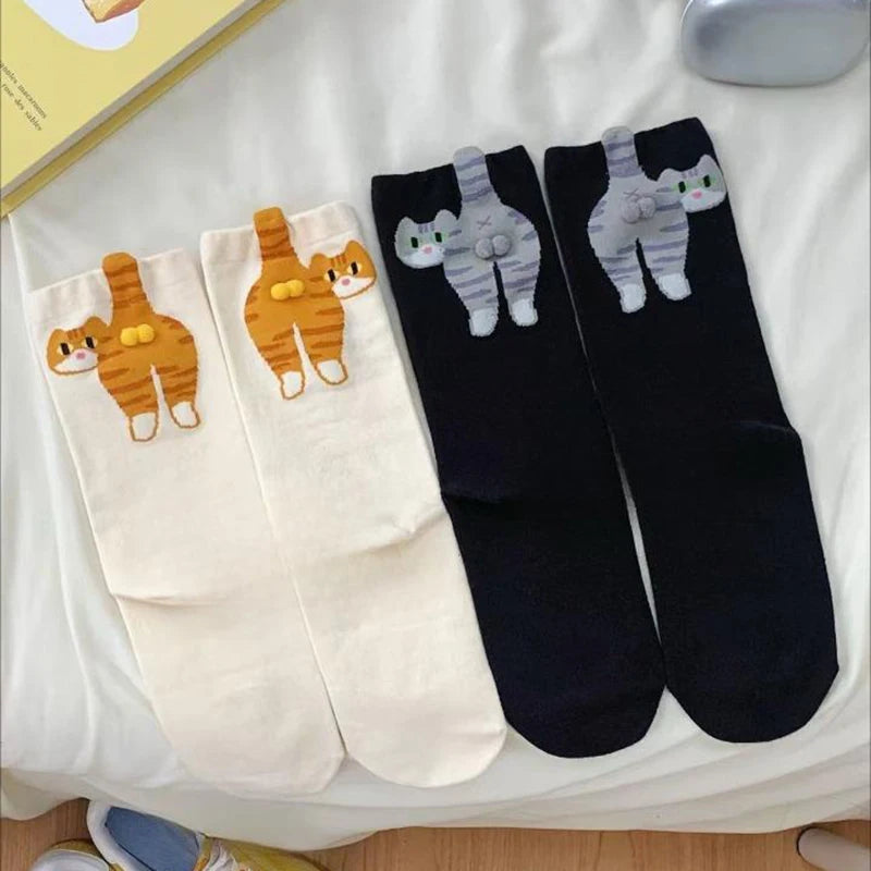 Cartoon 3D Cat Egg Design Middle Tube Socks for Women Soft Breathable Cute and Funny Couple Socks Spring Autumn Cute