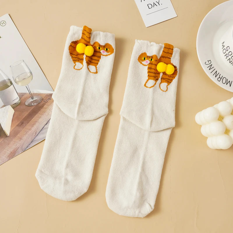 Cartoon 3D Cat Egg Design Middle Tube Socks for Women Soft Breathable Cute and Funny Couple Socks Spring Autumn Cute