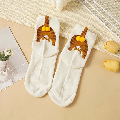 Cartoon 3D Cat Egg Design Middle Tube Socks for Women Soft Breathable Cute and Funny Couple Socks Spring Autumn Cute