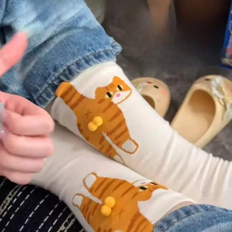 Cartoon 3D Cat Egg Design Middle Tube Socks for Women Soft Breathable Cute and Funny Couple Socks Spring Autumn Cute