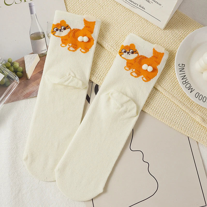 Cartoon 3D Cat Egg Design Middle Tube Socks for Women Soft Breathable Cute and Funny Couple Socks Spring Autumn Cute
